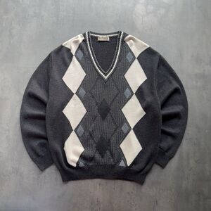 Ranger Italy Argyle V Neck Sweater Mens Large Gray Merino Wool Blend Made Italy